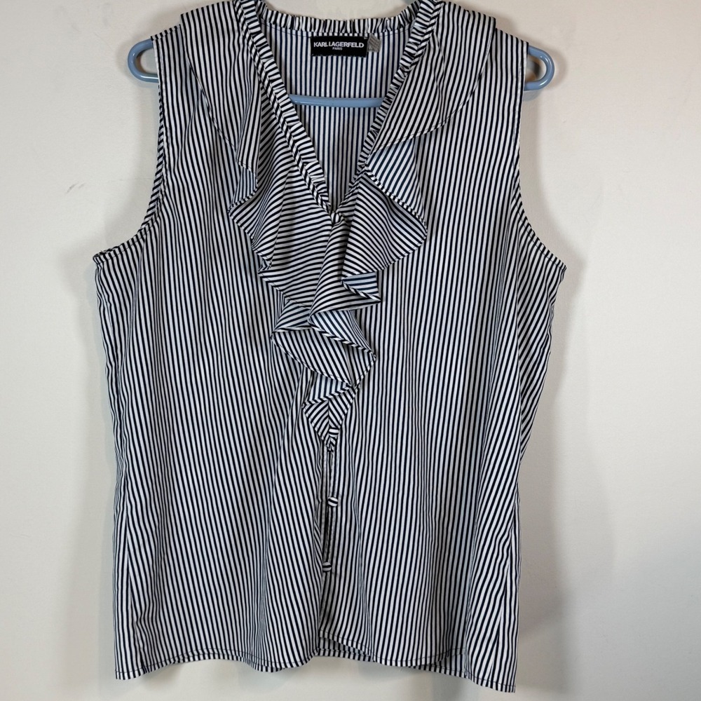 Karl Lagerfeld Ruffle Blouse Womens Medium Black White Striped Top Officecore